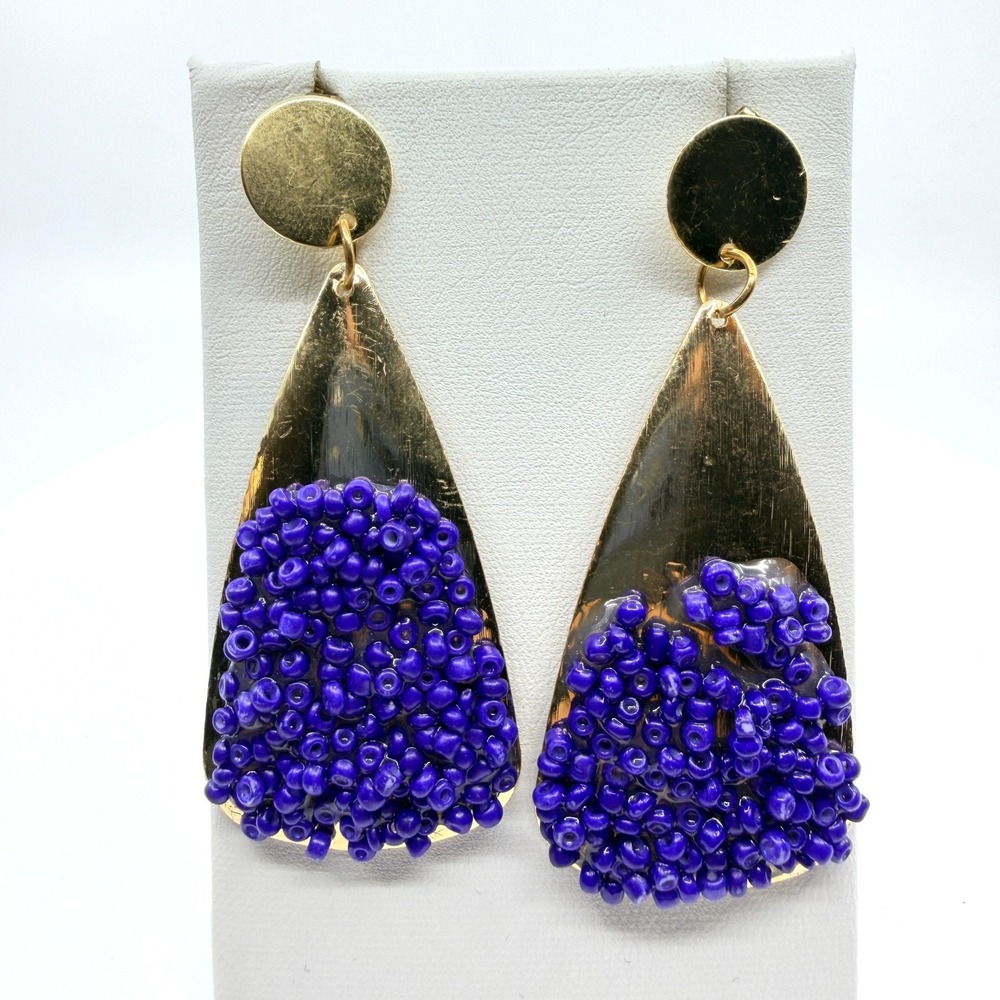 Vintage Y2K Gold Tone Purple Seed Bead Textured Teardrop Dangle Post Earrings